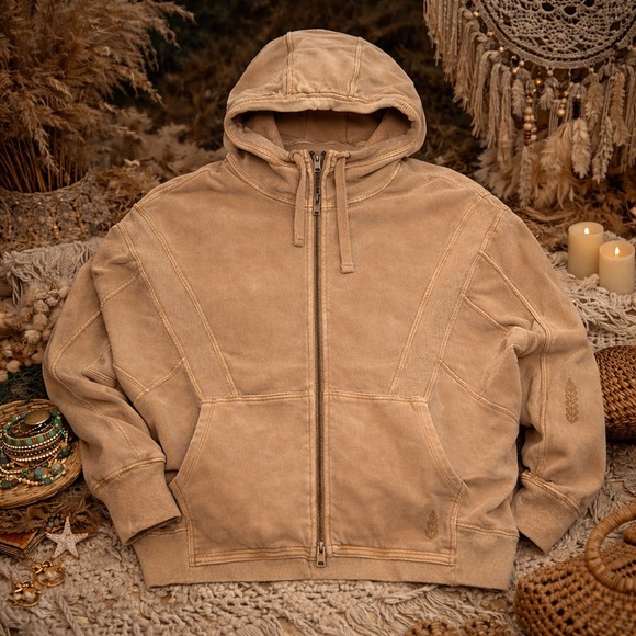 FP Movement All Your Love Full Zip Hoodie Tan Mineral Wash Oversized Sz Lg